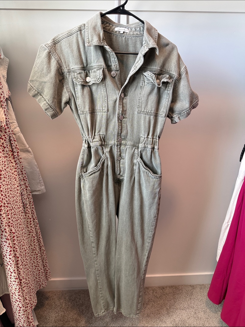 Crescent Short-Sleeve Utility Jumpsuit in Sage Green